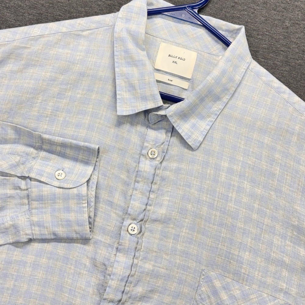 Billy Reid Shirt Mens XXL Light Blue Plaid Long Sleeve Slim Button Up Pocket